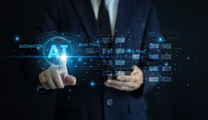 Wall Mural - professional businessman integrating ai technology into business workflow for faster decision making