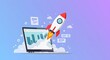 © Donnangelo - Cartoon rocket launching from laptop screen with charts and clouds against gradient background