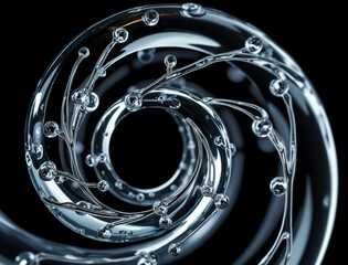 Poster - A spiral of glossy, transparent forms with reflective metallic droplets, set against a black background, creating an abstract and futuristic effect.
