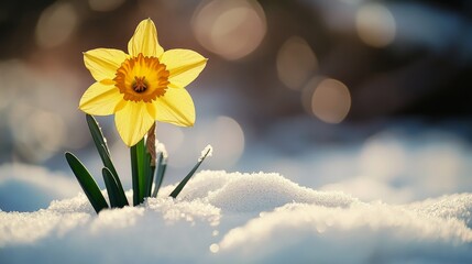 Wall Mural - yellow daffodil blooming through snow with blurred background