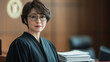 © mohammad - Japanese female legal with short hair and glasses, wearing a modern black judge's robe, standing in front of a judge's desk with a stack of legal documents, Ai generated images