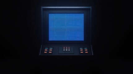 A retro computer terminal displays a blue screen with grid-like patterns, illuminated in a dark setting.