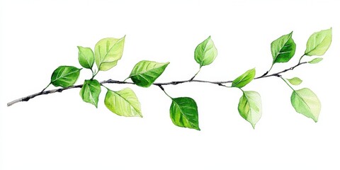 Stem Leaves. Birch Branch with Green Leaves Watercolor Illustration in Spring Forest