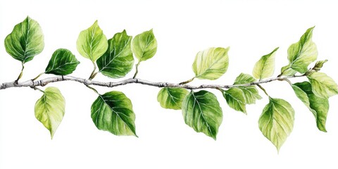 Stem Leaves. Birch Branch with Green Watercolor Illustration of Spring Foliage