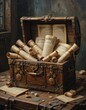 © dony - Open Wooden Chest Filled with Scrolls and Documents on Table