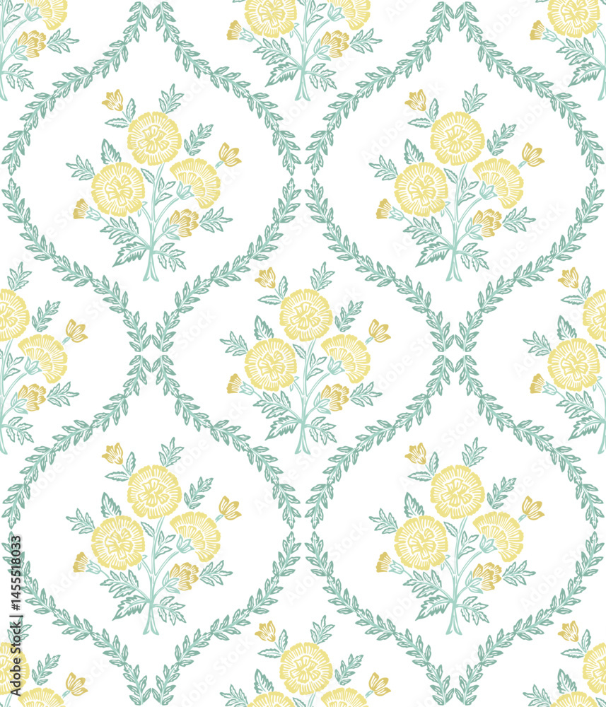 Boho Floral repeat pattern, Block print , Flower damask, floral vector ...