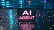 © PhotoMaster - Modern AI Agent glowing signboard with neon lighting, set on a detailed circuit backdrop, symbolizing cutting-edge artificial intelligence and advanced smart systems