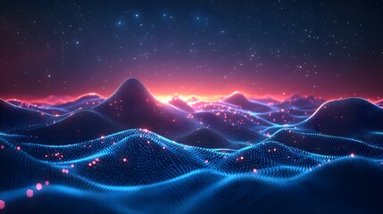 Poster - Abstract landscape of blue dotted waves under a starry night, transitioning from warm orange to deep blue. Abstract Digital low-poly wireframe connected dots in dark blue.
