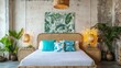 © Alethea - Rattan bed, turquoise pillow, leafy prints, woven lights