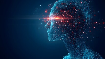 Fototapete - Digital human profile featuring glowing red nodes and a beam of light, symbolizing AI and advanced technology. Abstract Digital low-poly wireframe connected dots in dark blue.