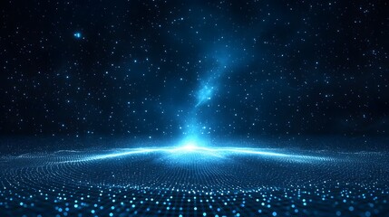Fototapete - A mesmerizing digital vista of a starry expanse merging with a luminous, futuristic ground. Abstract Digital low-poly wireframe connected dots in dark blue