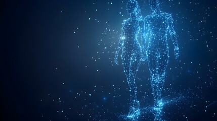 Aufkleber - Luminous blue wireframe figures embrace against a speckled dark blue backdrop. Abstract Digital low-poly wireframe connected dots in dark blue