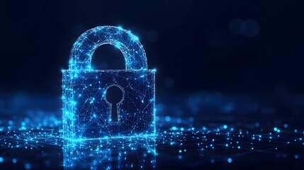 Poster - Futuristic digital padlock concept. Represents security, encryption, and data protection. Abstract Digital low-poly wireframe connected dots in dark blue.