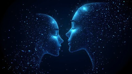 Poster - Interconnected minds. Digital profiles glow against the dark, symbolizing connection and modern communication. Abstract Digital low-poly wireframe connected dots in dark blue