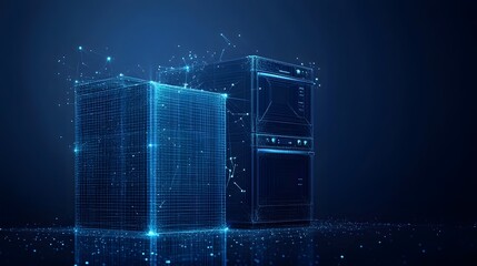 Aufkleber - Digital wireframe art showcasing a cube and oven connected by glowing network points against a dark blue backdrop. Abstract Digital low-poly wireframe connected dots in dark blue