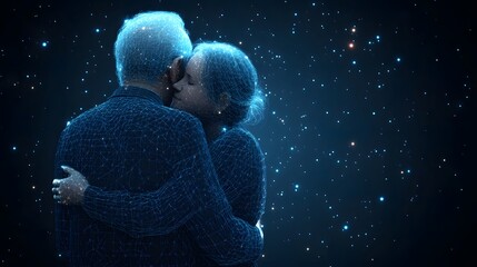 Poster - A loving couple embraces under a starlit sky, their forms rendered in a digital, wireframe style, symbolizing connection and love. Abstract Digital low-poly wireframe connected dots in dark blue