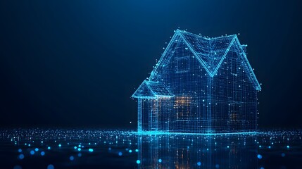 Aufkleber - Futuristic home concept rendered with glowing blue lines against a dark backdrop, evoking a sense of high-tech design. Abstract Digital low-poly wireframe connected dots in dark blue.