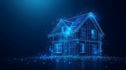 Aufkleber - Futuristic two-story house rendered in a blue wireframe. A digital marvel with a connected grid and a luminous presence. Abstract Digital low-poly wireframe connected dots in dark blue.