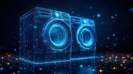 Poster - Futuristic, digital washing machines glow blue in a wireframe design. A high-tech aesthetic with interconnected dots creates a modern, abstract scene. Abstract Digital low-poly wireframe connected