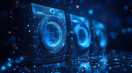 Aufkleber - Futuristic washing machines glow in a networked array. Data streams visualize cleanliness, efficiency and tech-infused laundry. Abstract Digital low-poly wireframe connected dots in dark blue