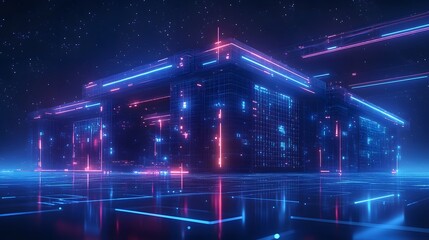 Fototapete - Futuristic, glowing structure illuminated against a starry night sky. Neon lights and reflective surfaces create a cyberpunk aesthetic. Abstract Digital low-poly wireframe connected dots in dark blue.