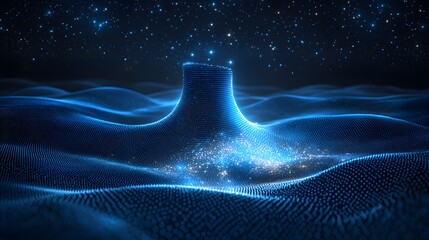 Aufkleber - Surreal digital landscape of glowing blue particles forming hills, a mountain, and a starlit sky. Abstract Digital low-poly wireframe connected dots in dark blue.
