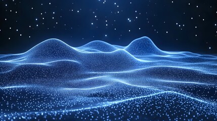 Poster - Abstract blue network landscape with glowing stars in the background. Represents connectivity and technology. Abstract Digital low-poly wireframe connected dots in dark blue.
