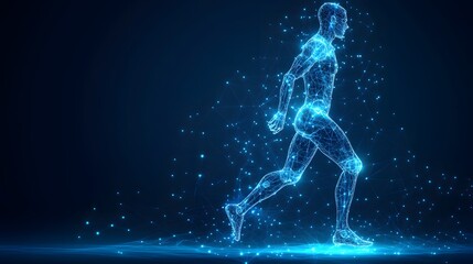 Fototapete - Futuristic digital runner, energy pulsing through a network of light. Dynamic, motion-filled scene. Abstract Digital low-poly wireframe connected dots in dark blue.