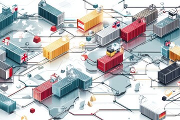 Poster - Global Overview of Disrupted Supply Chains With Shipping Containers and National Flags Between Continents Represented in Isometric Design Generative AI