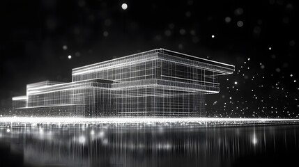 Poster - Futuristic building wireframe elegantly reflected on a sleek surface, contrasted against a dark, bokeh-filled background. Abstract Digital low-poly wireframe connected dots in dark blue