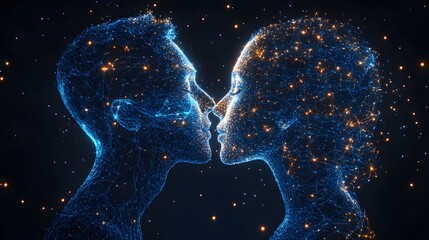 Aufkleber - Ethereal embrace. Two profiles, luminous dots and lines, almost touching. A futuristic vision of connection, Abstract Digital low-poly wireframe connected dots in dark blue.
