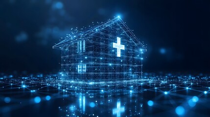 Poster - Futuristic home concept with a glowing cross, rendered in blue lines and points. The reflective surface and bokeh enhance the digital feel. Abstract Digital low-poly wireframe connected