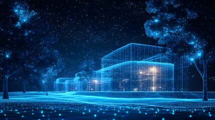 Poster - Surreal cityscape awash in neon blue. Glowing trees and wireframe buildings create a futuristic digital realm. Abstract Digital low-poly wireframe connected dots in dark blue.