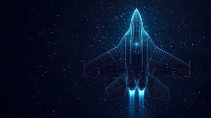 Poster - Futuristic jet fighter soars through a star-filled night sky. Holographic blue lines define its form, with glowing flames propelling it forward. Abstract Digital low-poly wireframe connected 