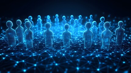 Aufkleber - Interconnected figures glow on a vibrant blue network. Futuristic, technological scene symbolizes communication and unity. Abstract Digital low-poly wireframe connected dots in dark blue
