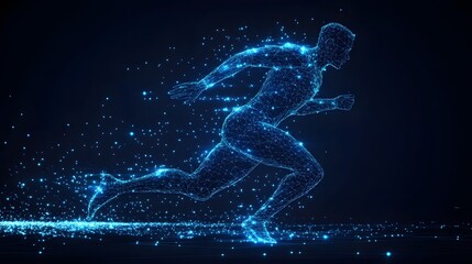 Aufkleber - Dynamic, luminous blue figure sprints with digital energy. Mesh lines and glowing particles enhance motion. Abstract Digital low-poly wireframe connected dots in dark blue.