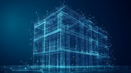 Aufkleber - Futuristic building framework illustrated with interconnected blue lines and glowing nodes, set against a gradient backdrop. Abstract Digital low-poly wireframe connected dots in dark blue.