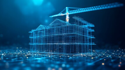 Fototapete - Futuristic construction scene with a building and crane depicted in blue wireframe, set against a golden, interconnected node ground. Abstract Digital low-poly wireframe connected dots in dark blue
