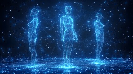 Poster - Futuristic holographic figures stand on a digital plane, surrounded by a network of glowing blue lines and points. Abstract Digital low-poly wireframe connected dots in dark blue.