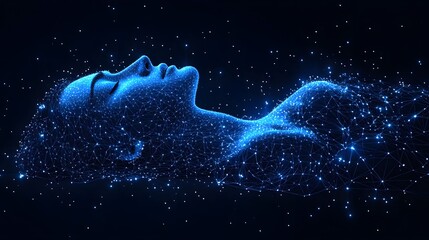 Aufkleber - Dreamy digital depiction of a sleeping figure formed from interconnected blue lines against a star-filled backdrop. Evokes technology, dreams, and the cosmos. Abstract Digital low-poly wireframe