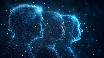Fototapete - Futuristic concept with three interconnected human head profiles in a glowing network against a dark blue backdrop. Abstract Digital low-poly wireframe connected dots in dark blue.