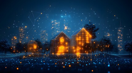 Poster - Futuristic cityscape with glowing orange grid houses nestled among trees and digital networks, set against a dark background. Abstract Digital low-poly wireframe connected dots in dark blue.
