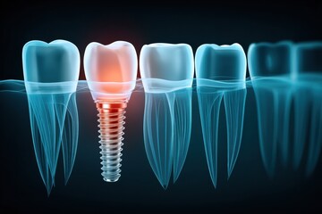 Aufkleber - Detailed Illustration Showcasing a Healthy Jaw With a Highlighted Titanium Implant Among Natural Teeth Structures Generative AI