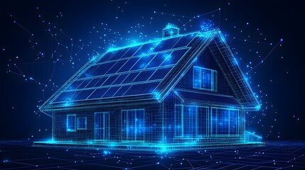 Poster - Futuristic house blueprint rendering showcases smart home technology and renewable energy. A digital marvel of architecture with a glowing digital network. Abstract Digital low-poly wireframe