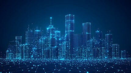 Aufkleber - Futuristic blue cityscape. Wireframe buildings glow against a deep blue gradient, interconnected by a network. Technologically advanced urban environment. Abstract Digital low-poly wireframe connected