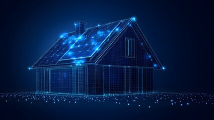 Fototapete - Futuristic house design with solar panels and a chimney, depicted in a blue wireframe against a dark blue background. Abstract Digital low-poly wireframe connected dots in dark blue