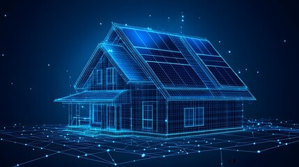 Poster - Futuristic smart home concept featuring a wireframe house integrated into a digital network. Energy efficient design meets technological innovation. Abstract Digital low-poly wireframe connected