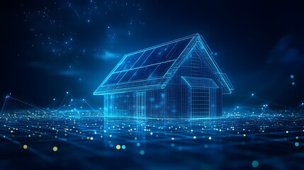 Poster - Futuristic house with solar panels floats above a digital grid. A technological vision of sustainable living. Abstract Digital low-poly wireframe connected dots in dark blue.