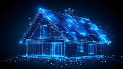 Poster - Futuristic house wireframe glows blue, a symbol of modern technology and sustainable living. Abstract Digital low-poly wireframe connected dots in dark blue.