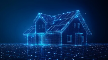 Poster - Futuristic house rendered as a blue glowing wireframe model on a grid. Gabled roof, windows, front door. Virtual environment, Abstract Digital low-poly wireframe connected dots in dark blue.